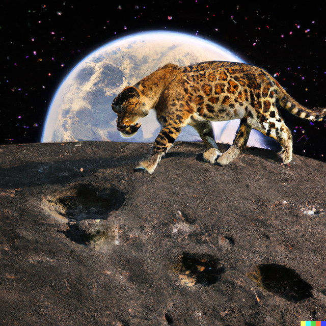 DALL·E 2023-07-07 09.01.30 - a leopard walking on the moon's surface, with the earth in the background